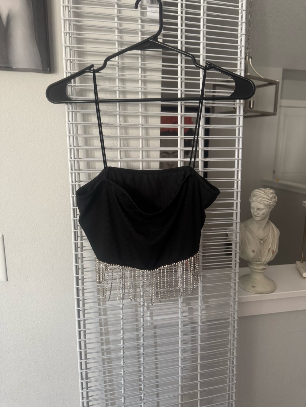 SHEIN Black Rhinestone Fringe Cowl Crop Cami